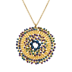 COLLIER ACIER DORÉ PERLES DE SOLEIL PENDENTIF ROND 42+10CM