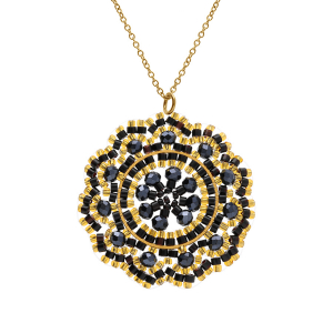 COLLIER ACIER DORÉ PERLES DE SOLEIL PENDENTIF 40MM 42+10CM