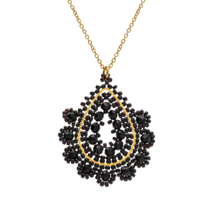 COLLIER ACIER DORÉ PERLES DE SOLEIL PENDENTIF GOUTTE NOIR 42+10CM