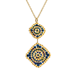 COLLIER ACIER DORÉ PERLES DE SOLEIL PENDENTIF MARINE 42+10CM