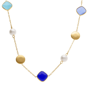 COLLIER ACIER DORÉ PASTILLES DORÉ CARRÉ OEIL DE CHAT IMITATION BLEU ET PERLE BLANCHE IMITATION 40+5CM