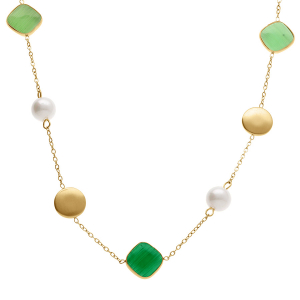COLLIER ACIER DORÉ PASTILLES DORÉ CARRÉ OEIL DE CHAT IMITATION VERT ET PERLE BLANCHE IMITATION 40+5CM