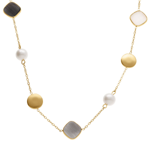 COLLIER ACIER DORÉ PASTILLES DORÉ CARRÉ OEIL DE CHAT IMITATION NOIR  ET PERLE BLANCHE IMITATION 40+5CM