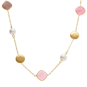 COLLIER ACIER DORÉ PASTILLES DORÉ CARRÉ OEIL DE CHAT IMITATION ROSE ET PERLE BLANCHE IMITATION 40+5CM