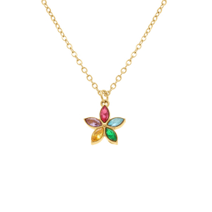 COLLIER ACIER DORÉ FLEUR OXYDES MULTI COULEURS 40+5CM