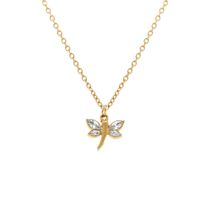 COLLIER ACIER DORÉ LIBELLULE OXYDES BLANCS 40+5CM