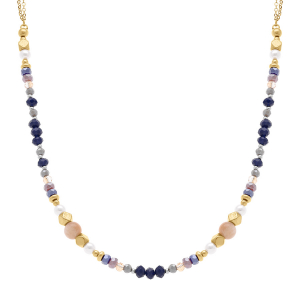 COLLIER ACIER DORÉ BOULES VERRE 4MM FACETÉ PERLES IMITATION ET PIERRE DE LUNE 40+5CM