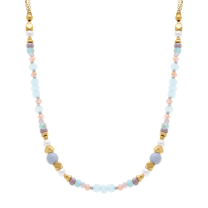 COLLIER ACIER DORÉ BOULES 4MM VERRE FACETÉ PERLE IMITATION ET SÉLÉNITE   40+10CM