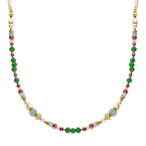 COLLIER ACIER DORÉ BOULES 4MM VERRE FACETÉ PERLES IMITATION ET AVENTURINE 6MM VÉRITABLE 40+10CM