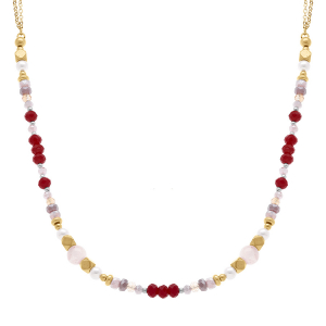 COLLIER ACIER DORÉ BOULES VERRE 4MM FACETÉ PERLE IMITATION ET QUARTZ 6MM VÉRITABLE 40+10CM