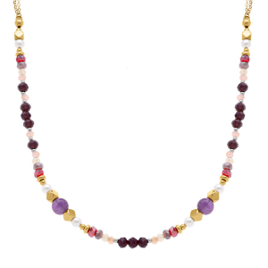 COLLIER ACIER DORÉ BOULES 4MM VERRE FACETÉ PERLES IMITATION ET AMÉTHYSTE 6MM VÉRITABLE 40+10CM