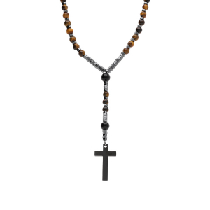 COLLIER ACIER CHAPELET BOULES DIAM 6 ET 8 ET CROIX 35MM X 20MM PVD NOIR SANS FERMOIR 70CM