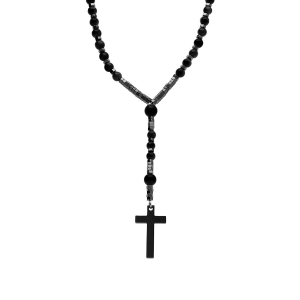 COLLIER ACIER CHAPELET BOULES DIAM 6 ET 8 NOIRES ET CROIX 35MM X 20MM  PVD NOIR SANS FERMOIR 70CM