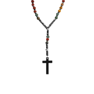 COLLIER ACIER CHAPELET BOULES DIAM 6 ET 8  MULTI  ET CROIX 35MM X 20MM  PVD NOIR SANS FERMOIR 70CM