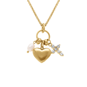 COLLIER ACIER DORÉ PENDENTIF COEUR, CROIX OXYDES BLANCS ET GOUTTE BLANCHE  40+5CM