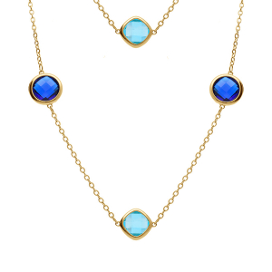 COLLIER ACIER DORÉ  SAUTOIR OXYDES CARRÉ BLEU CIEL ET BLEU FONCÉ  94+5CM