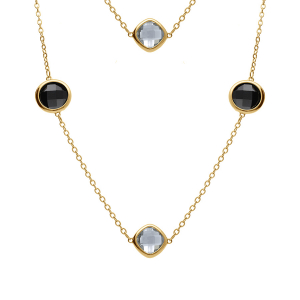 COLLIER ACIER DORÉ  SAUTOIR OXYDES CARRÉ NOIR ET GRIS  94+5CM