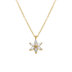 COLLIER ACIER DORÉ PENDENTIF FLEUR OXYDES BLANCS 42+5CM