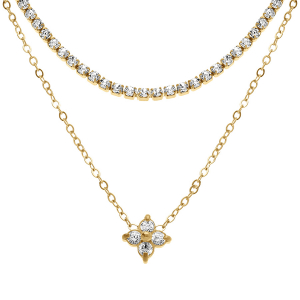 COLLIER ACIER DORÉ DOUBLE 1 RAIL OXYDES BLANCS SERTI ET PENDENTIF FLEUR OXYDES BLANCS 42+5CM