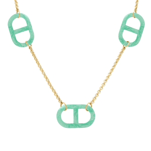 COLLIER ACIER DORÉ SIMPLE 3 MAILLES MARINE PVD VERT  40+5CM