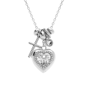 COLLIER ACIER PENDENTIF COEUR CROIX OXYDES BLANCS 45+5CM