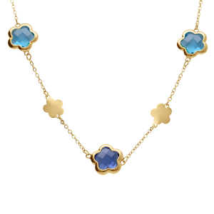 COLLIER ACIER DORÉ  PASTILLES FLEUR ET OXYDES FORME FLEUR BLEU CLAIR 40+5CM