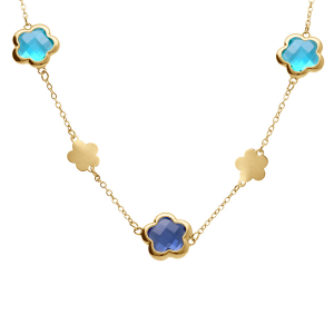 COLLIER ACIER DORÉ  PASTILLES FLEUR ET OXYDES FORME FLEUR BLEU CLAIR 40+5CM