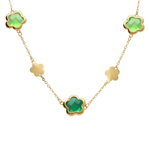COLLIER ACIER DORÉ  PASTILLES FLEUR ET OXYDES FORME FLEUR VERT CLAIR 40+5CM
