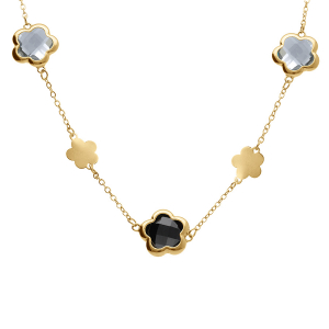 COLLIER ACIER DORÉ  PASTILLES FLEUR ET OXYDES FORME FLEUR NOIR ET BLANC 40+5CM