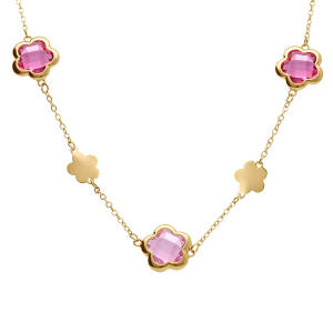 COLLIER ACIER DORÉ  PASTILLES FLEUR ET OXYDES FORME FLEUR ROSE CLAIR 40+5CM