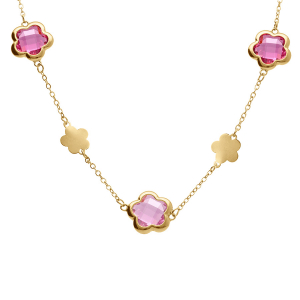 COLLIER ACIER DORÉ  PASTILLES FLEUR ET OXYDES FORME FLEUR ROSE CLAIR 40+5CM