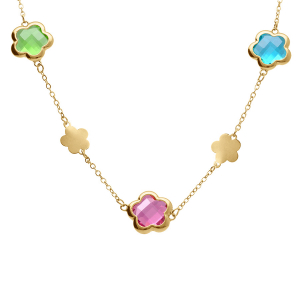 COLLIER ACIER DORÉ  PASTILLES FLEUR ET OXYDES FORME FLEUR MULTI COULEUR 40+5CM