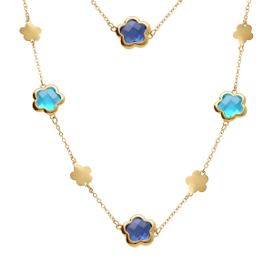 COLLIER ACIER DORÉ SAUTOIR PASTILLES FLEUR ET OXYDES FORME FLEUR BLEU CLAIR 90+5CM