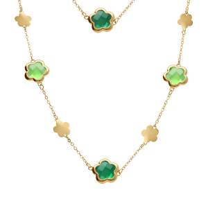 COLLIER ACIER DORÉ SAUTOIR PASTILLES FLEUR ET OXYDES FORME FLEUR VERT CLAIR 90+5CM