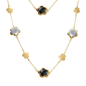 COLLIER ACIER DORÉ SAUTOIR PASTILLES FLEUR ET OXYDES FORME FLEUR NOIR ET BLANC  90+5CM