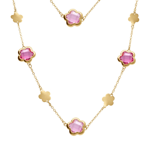 COLLIER ACIER DORÉ SAUTOIR PASTILLES FLEUR ET OXYDES FORME FLEUR ROSE CLAIR 90+5CM