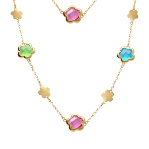 COLLIER ACIER DORÉ SAUTOIR PASTILLES FLEUR ET OXYDES FORME FLEUR MULTI COULEUR  90+5CM
