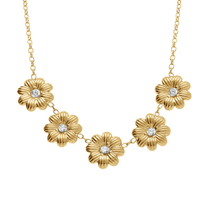 COLLIER ACIER DORE 5 FLEURS OXYDES BLANCS SERTIS 42+5CM