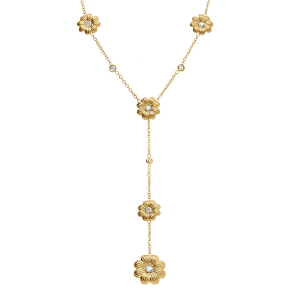 COLLIER ACIER DORE FORME CRAVATE FLEURS OXYDES BLANCS SERTIS 42+5CM