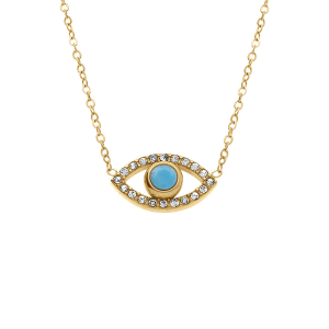 COLLIER ACIER DORE OEIL DE PROTECTION GREC TURQUOISE IMITATION CONTOUR OXYDES BLANCS SERTIS 40+5CM