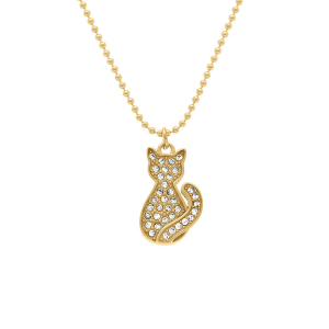 COLLIER ACIER DORE PENDENTIF CHAT 15MM OXYDES BLANCS SERTIS 40+5CM