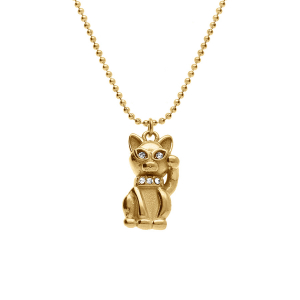 COLLIER ACIER DORE PENDENTIF CHAT 17MM OXYDES BLANCS SERTIS 40+5CM
