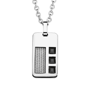 COLLIER ACIER PENDENTIF CABLE ET PIERRES NOIRES 45+10CM