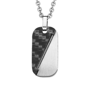 COLLIER ACIER PENDENTIF MOITIÉ CARBONE NOIR ET CABLE DIAGONALE 45+10CM