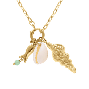 COLLIER ACIER DORÉ POISSON,  COQUILLAGE IMITATION  47CM