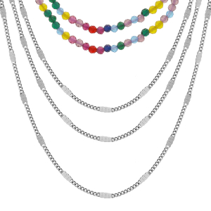 COLLIER ACIER DOUBLE RANG PIERRES SYNTHETIQUE MULTI COULEURS ET TRIPLE CHAINES 40+5CM
