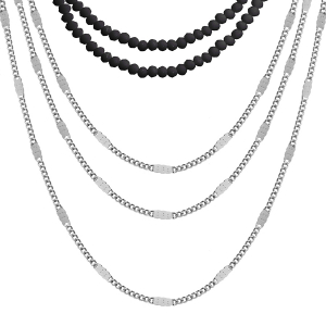 COLLIER ACIER DOUBLE RANG PIERRES SYNTHETIQUE NOIRES ET TRIPLE CHAINES 40+5CM