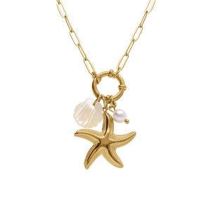 COLLIER ACIER DORÉ ETOILE DE MER ET COQUILLAGE IMITATION ET PERLE BLANCHE IMITATION   46CM