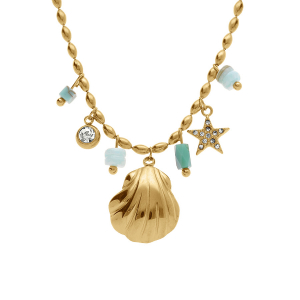 COLLIER ACIER DORÉ PAMPILLES COQUILLAGE, OXYDE BLANC SERTI CLOS ET ETOILE OXYDES 41+5CM