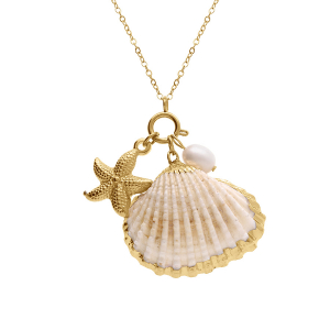 COLLIER ACIER DORÉ COQUILLAGE IMITATION, ETOILE DE MER ET PERLE BLANCHE IMITATION   50+5CM